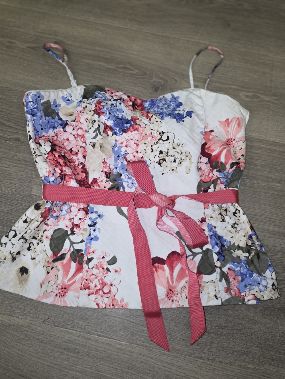 Floral Pink & Blue Strapless bustier Style Tie-Waist Women's Top